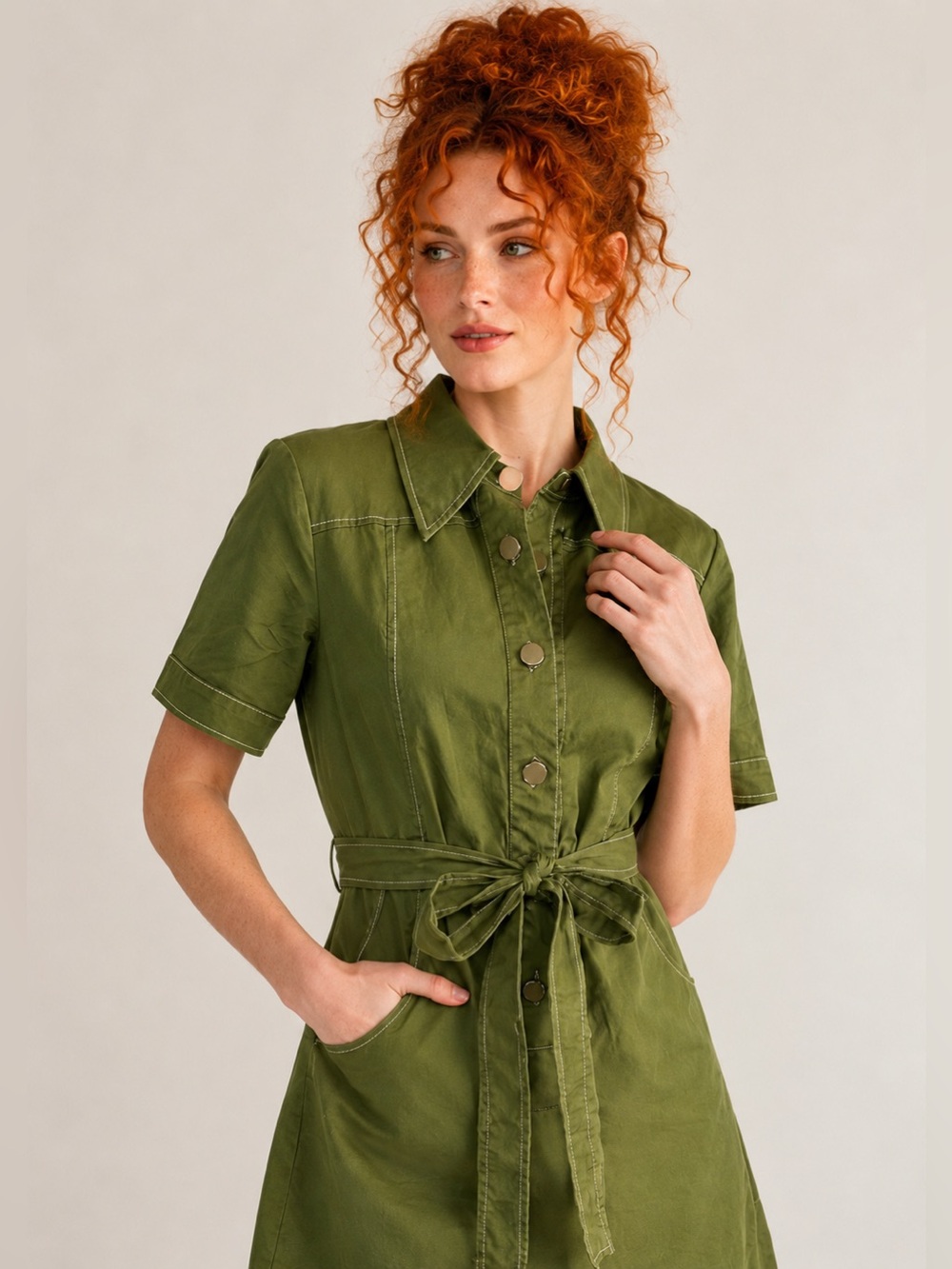 ModCloth Olive Green Utility Shirt Dress Button Front Tie Waist Pockets Retro 8 - Picture 2 of 16